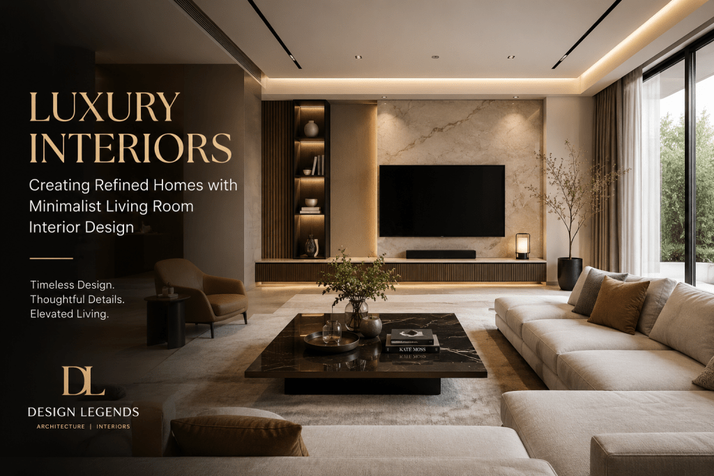 Luxury interiors featuring a minimalist living room interior design with warm lighting, marble TV wall, beige sofa, and refined modern décor.