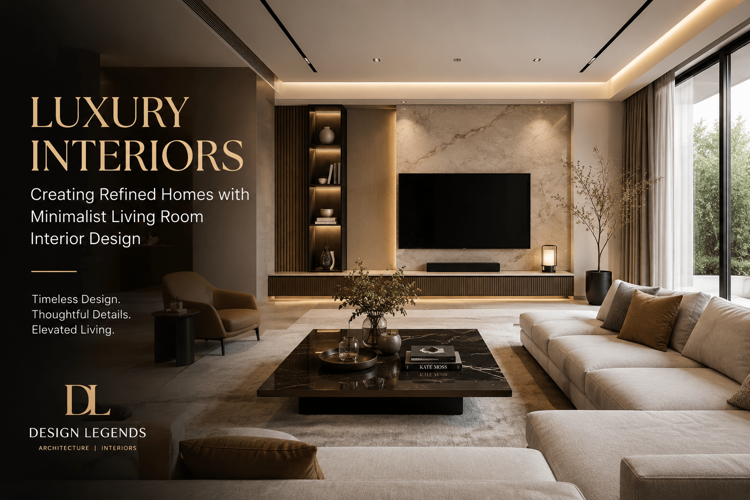Luxury interiors featuring a minimalist living room interior design with warm lighting, marble TV wall, beige sofa, and refined modern décor.
