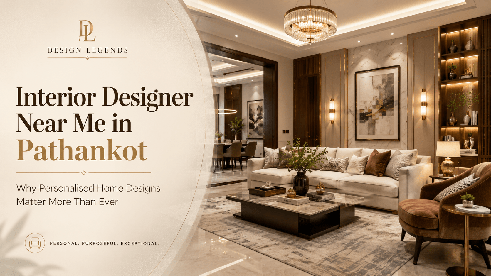 Luxury living room interior by Design Legends with elegant furniture, warm lighting, marble finishes, and text highlighting interior designer services in Pathankot.