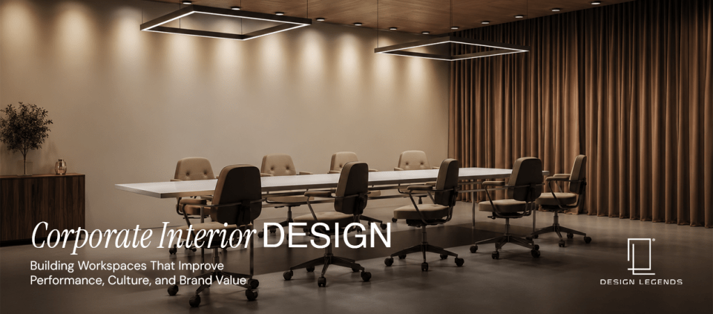 Corporate interior design by Design Legends featuring efficient workspace planning, ergonomic workstations, meeting areas, and integrated brand elements.