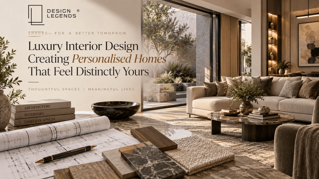 Luxury interior design by Design Legends featuring a sophisticated personalised living room with bespoke furniture, natural materials, architectural plans, and elegant detailing.