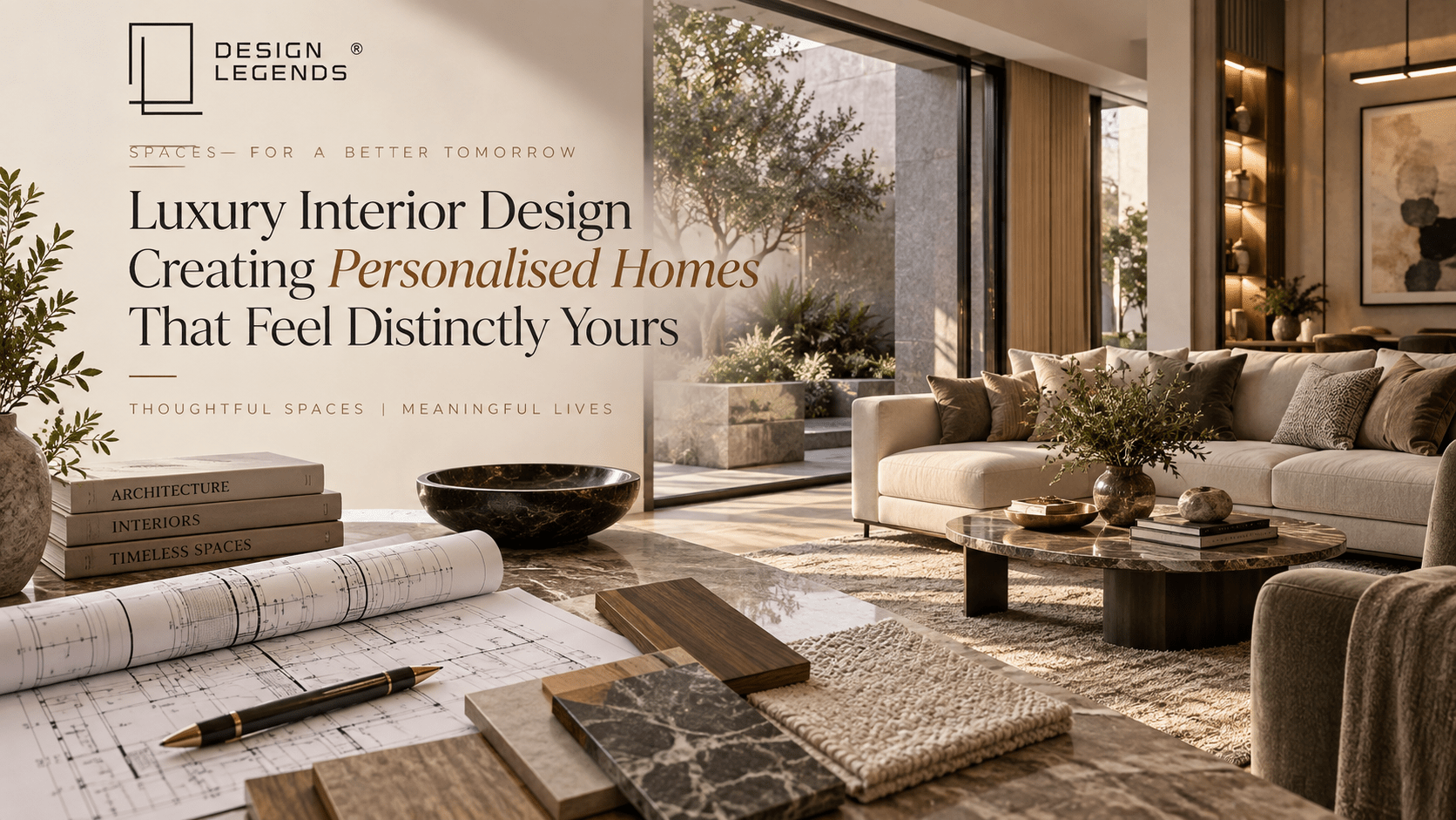 Luxury interior design by Design Legends featuring a sophisticated personalised living room with bespoke furniture, natural materials, architectural plans, and elegant detailing.